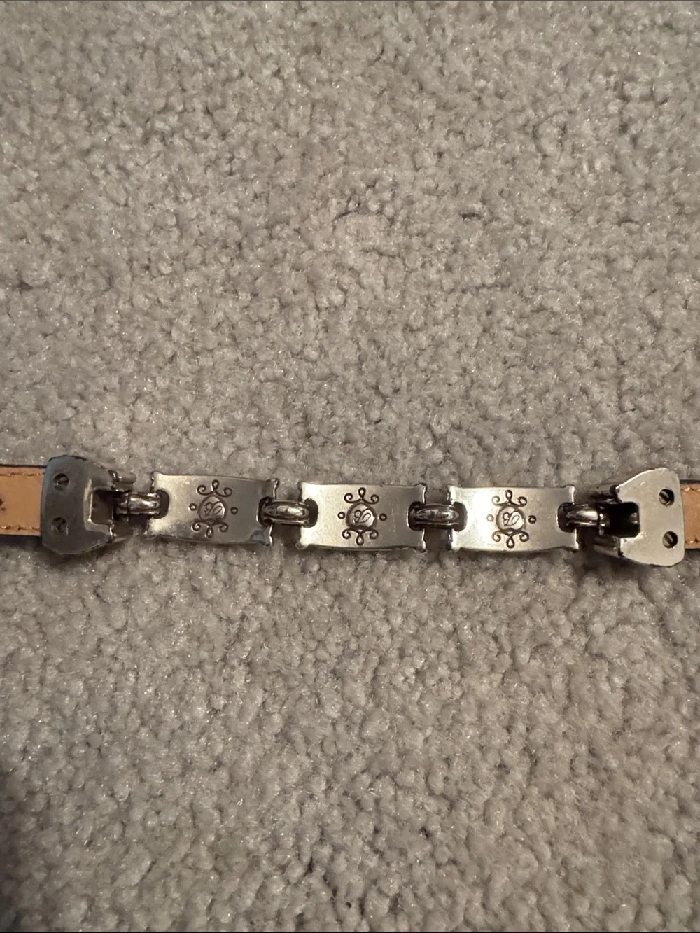 Brighton Thin Croc Embossed Brown Leather Belt with Silver Gold-Tone Accents